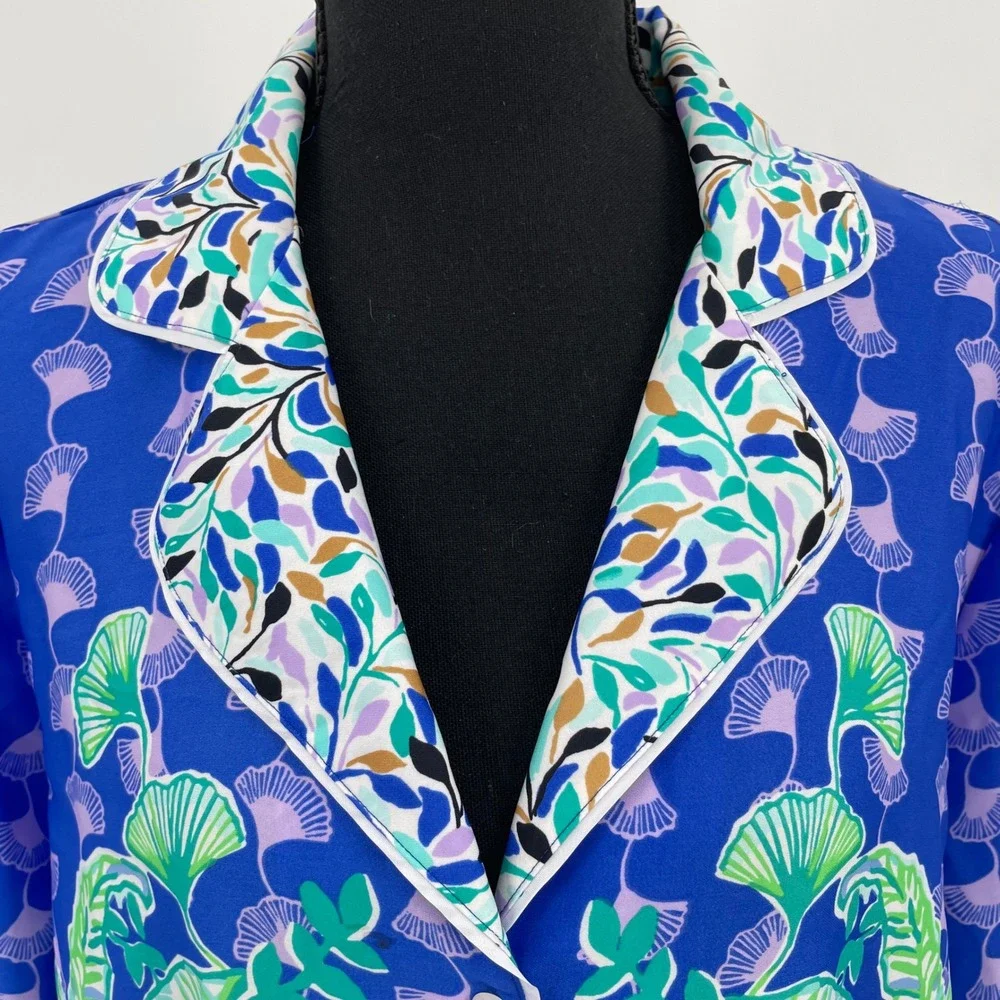 Lilly Pulitzer Winona PJ Top M Ginkgo Party Blue Purple Silky Satin Pajama Shirt